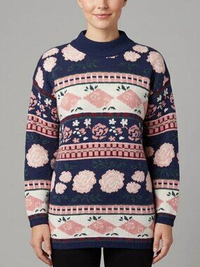 Vintage Mathias Floral Knit Sweater Medium Navy Blue Pink Rose USA Made